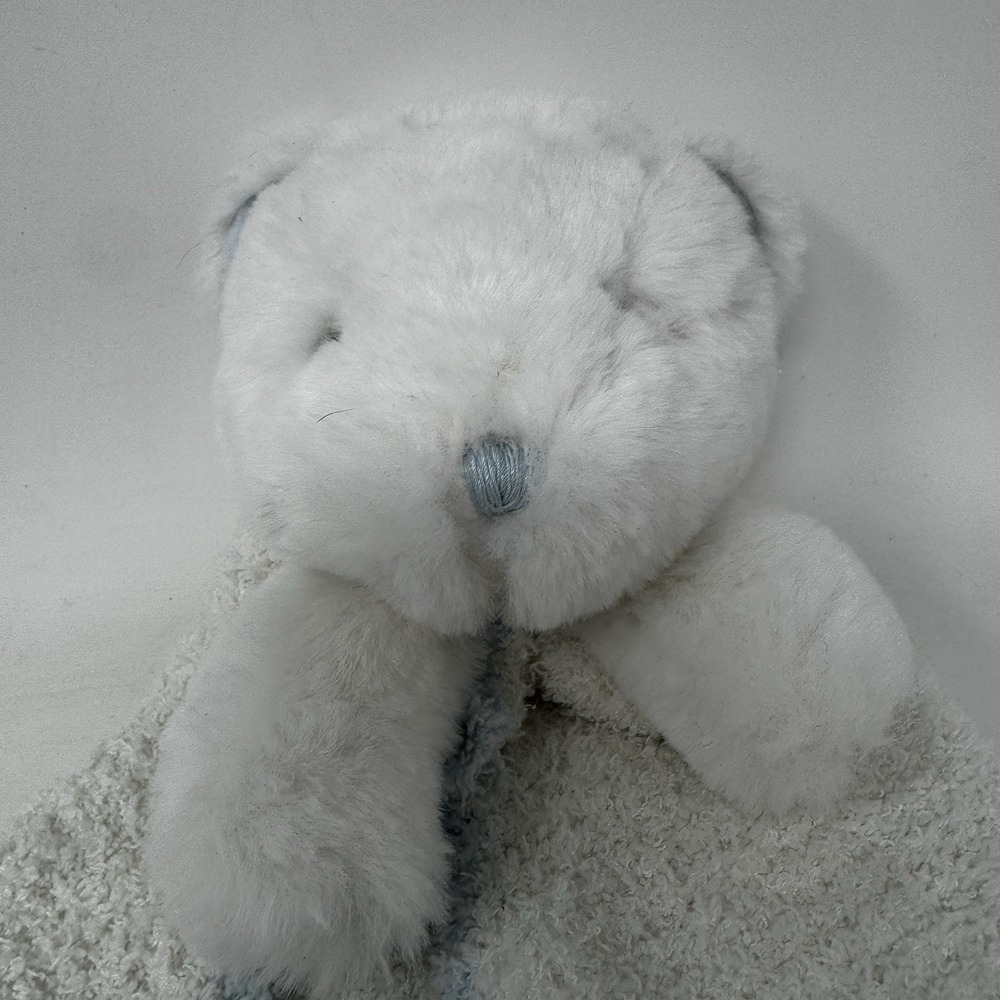 Mudpie Bear Plushie Blanket Lovie Boys Lovey White Blue Trim Scalloped Chenille - Picture 4 of 9